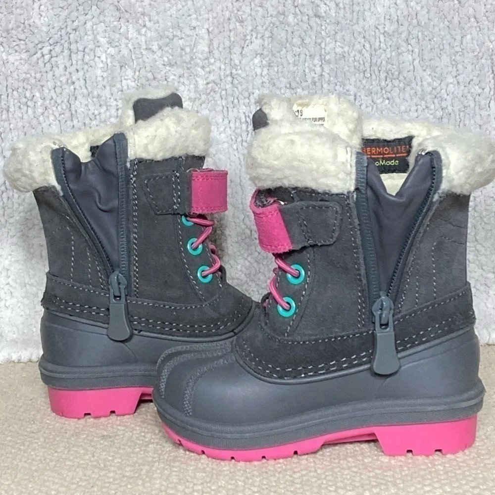 Cat & Jack Kids Black/Pink/Green Leather Journey Winter Snow Boots Size US 5
